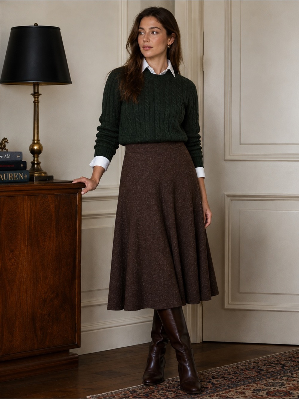 Vintage Lauren Ralph Lauren Heritage Old Money Wool Blend Midi Skirt Brown Tweed
